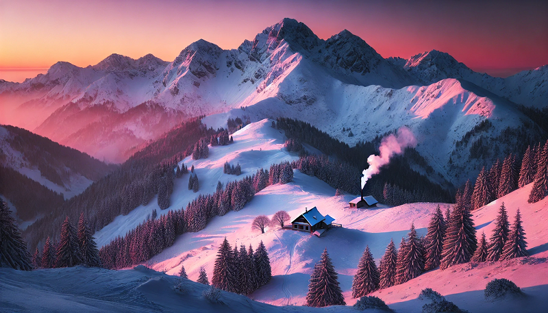 A snowy mountain landscape at dawn, with a glowing pink sky, the peaks covered in fresh snow, and a small cabin with smoke rising from its chimney nestled in the valley below.