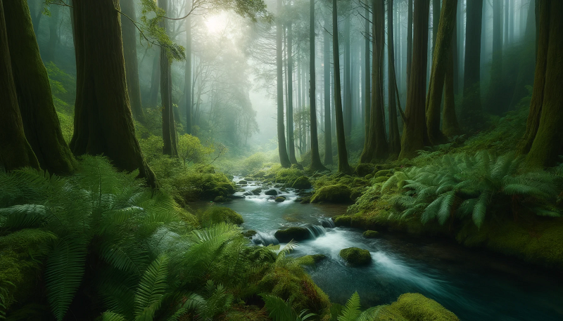 A dense, misty forest with towering trees, a clear river flowing through the middle, surrounded by ferns and moss-covered rocks, with soft sunlight filtering through the leaves.