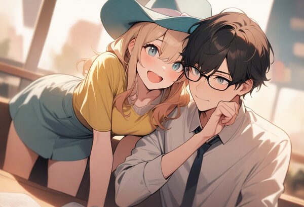 She is a cheerful girl wearing a hat. 
My boyfriend is a cool young man who wears glasses. The two are on a date.