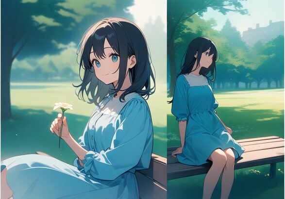 This image is divided into two panels. In the left panel, there is a girl named A sitting on a bench in the park. A has long black hair and is wearing a blue dress, holding a single flower in her hand with a gentle smile. The background features lush green trees, grass, and a clear blue sky. In the right panel, there is a girl named B sitting at a café table. B has short blonde hair and is wearing a white blouse and a black skirt. She is holding a cup of coffee in one hand and writing in a notebook with the other. The café background includes wooden furniture and soft natural light streaming through a large window