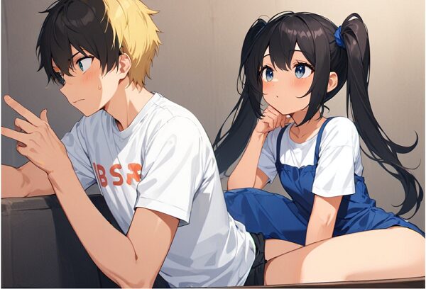 A is a black-haired woman with long twin tails, wearing a blue dress. B is a blonde boy with short hair, wearing a white T-shirt.