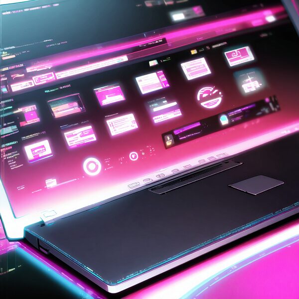 Generate a thumbnail for a tech review video featuring a sleek laptop with glowing edges.