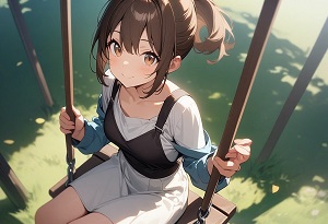 A girl sitting on a swing, smiling under the sunlight
