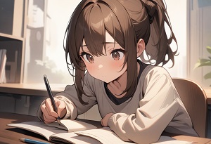 A girl holding a pencil, staring blankly at her notebook