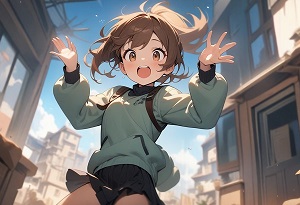 A girl excitedly jumping with joy, hands raised
