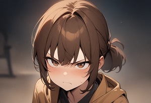 A girl scowling deeply, face flushed in anger