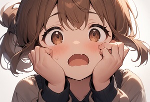 A girl gasping with both hands on her cheeks