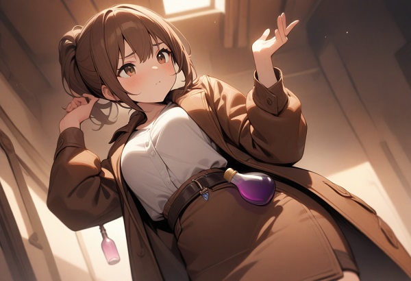 She is a cute girl with expressive big brown eyes and brown hair tied in a ponytail. standing. She wears a brown leather coat and a small bottle of potion hanging from her waist.