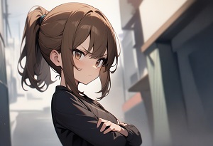 A girl glaring intensely, arms crossed
