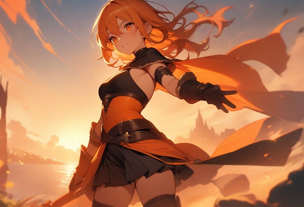 A warrior glowing in the orange light of a setting sun