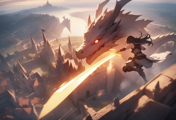 A dragon flying over a castle, battling a brave warrior with a glowing sword