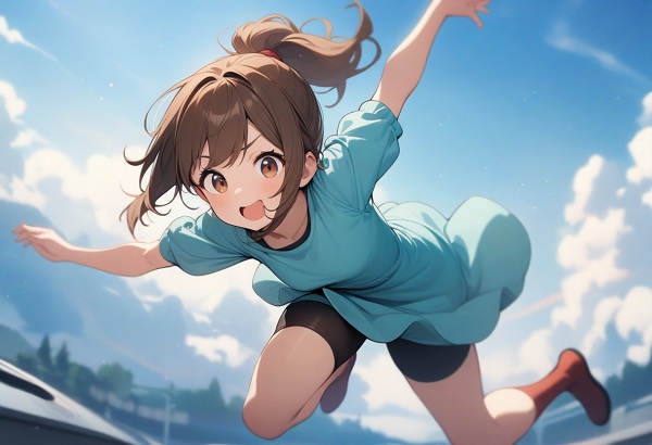 She is a cute girl with expressive big brown eyes and brown hair tied in a ponytail. FULL body. Jumping pose, bright blue sky background