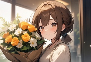 A girl holding a bouquet, smiling softly
