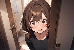 A girl peeking out from behind a door, surprised