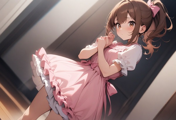 She is a cute girl with expressive big brown eyes and brown hair tied in a ponytail. standing. A pink ruffled dress with a hair accessory with a ribbon.