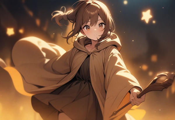 She is a cute girl with expressive big brown eyes and brown hair tied in a ponytail. Wizard in robes, holding a wand, glowing background