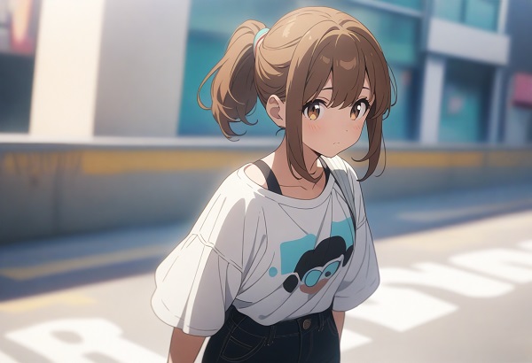 She is a cute girl with expressive big brown eyes and brown hair tied in a ponytail. standing. Anime character with street fashion.