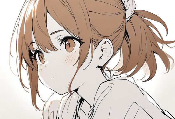 She is a cute girl with expressive big brown eyes and brown hair tied in a ponytail.Monochrome sketch, clean lines, high contrast