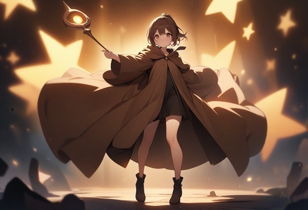 She is a cute girl with expressive big brown eyes and brown hair tied in a ponytail. Full body.Wizard in robes, holding a wand, glowing background