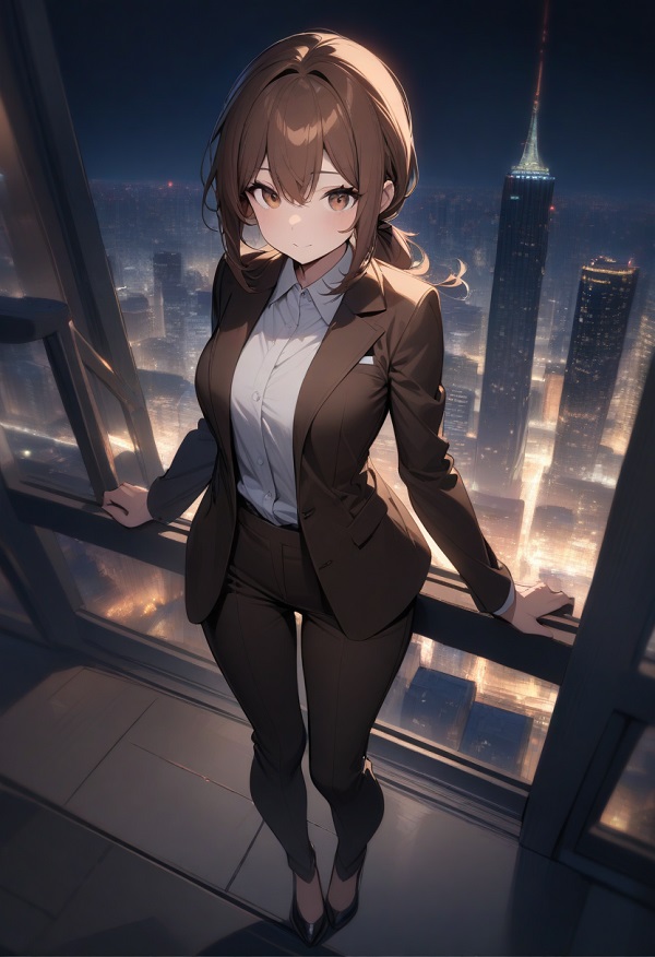 She is a cute girl with expressive big brown eyes and brown hair tied in a ponytail. Full body.A woman, suit, calm expression against the background of a night view of the city