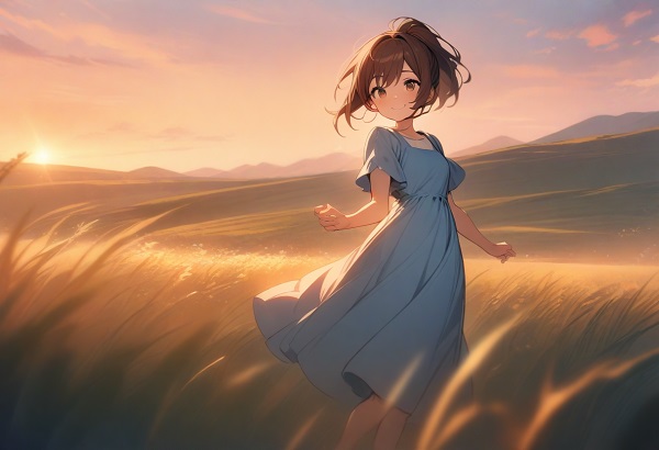 She is a cute girl with expressive big brown eyes and brown hair tied in a ponytail. Full body.A young woman in a blue dress smiles and stands in a field at sunset