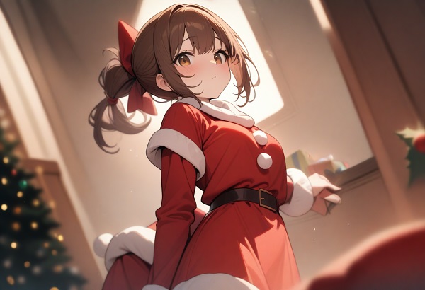 She is a cute girl with expressive big brown eyes and brown hair tied in a ponytail. standing. Red Santa Claus costume for Christmas.