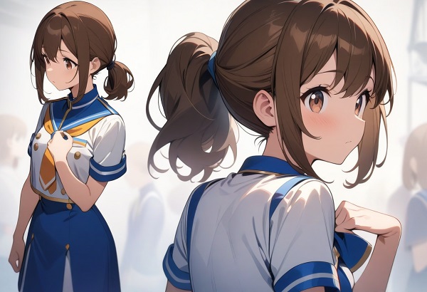 She is a cute girl with expressive big brown eyes and brown hair tied in a ponytail. standing. A simple anime style uniform. The uniform of a blue skirt and white blouse gives a refreshing impression.