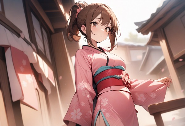 She is a cute girl with expressive big brown eyes and brown hair tied in a ponytail. standing. She wears a pink kimono with a cherry blossom pattern, a red obi, and a fan in her hair.
