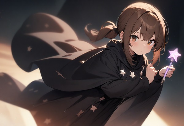 She is a cute girl with expressive big brown eyes and brown hair tied in a ponytail. standing. A black robe with star pattern decorations and a large magic wand on the back.
