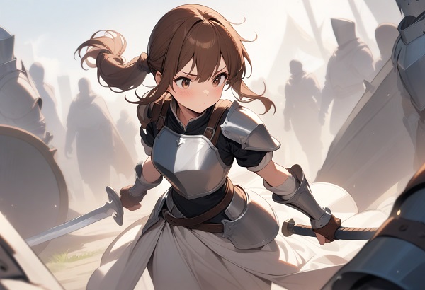 She is a cute girl with expressive big brown eyes and brown hair tied in a ponytail. standing. Brave knight style with metal breastplate and sword.
