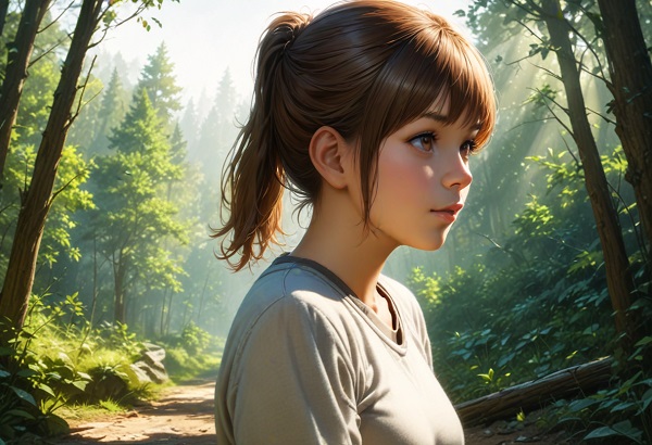 She is a cute girl with expressive big brown eyes and brown hair tied in a ponytail.Photorealistic, Landscape, forest, soft morning light