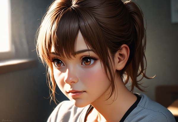 She is a cute girl with expressive big brown eyes and brown hair tied in a ponytail.Photorealistic, high detail, natural lighting