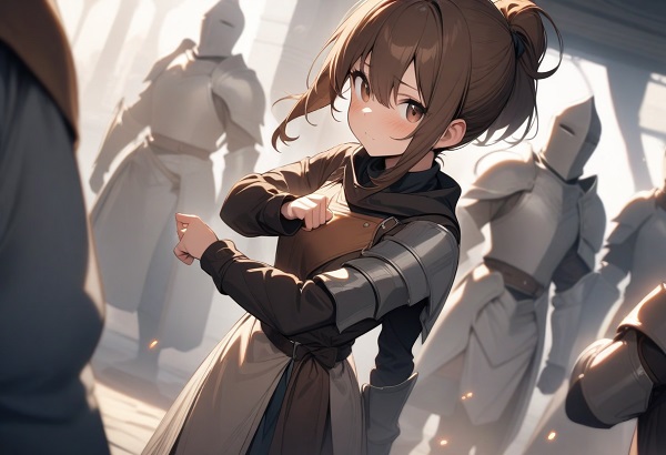 She is a cute girl with expressive big brown eyes and brown hair tied in a ponytail. standing. Outfit of a brave knight.