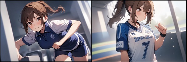 She is a cute girl with expressive big brown eyes and brown hair tied in a ponytail. standing. Sports jersey with white and blue stripes.