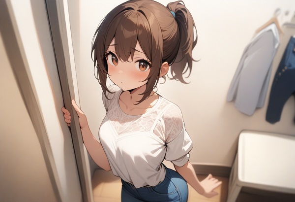 She is a cute girl with expressive big brown eyes and brown hair tied in a ponytail. standing. White lace shirt and blue jeans