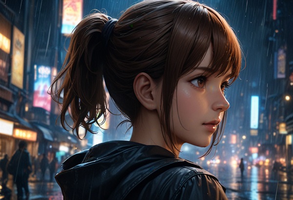 She is a cute girl with expressive big brown eyes and brown hair tied in a ponytail.Photorealistic, Urban scene, rainy night, cinematic lighting