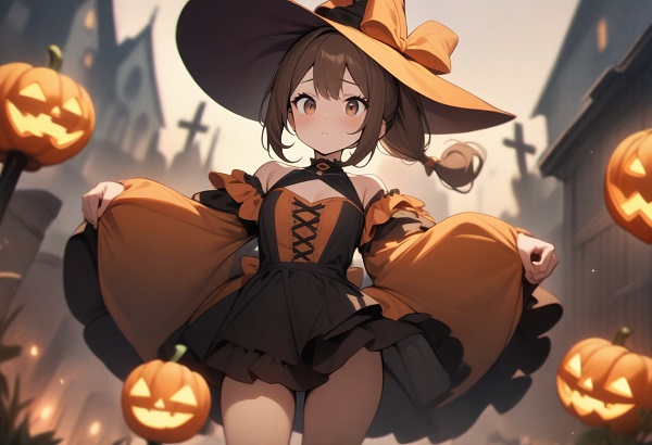 She is a cute girl with expressive big brown eyes and brown hair tied in a ponytail. standing. Halloween witch-style costume.