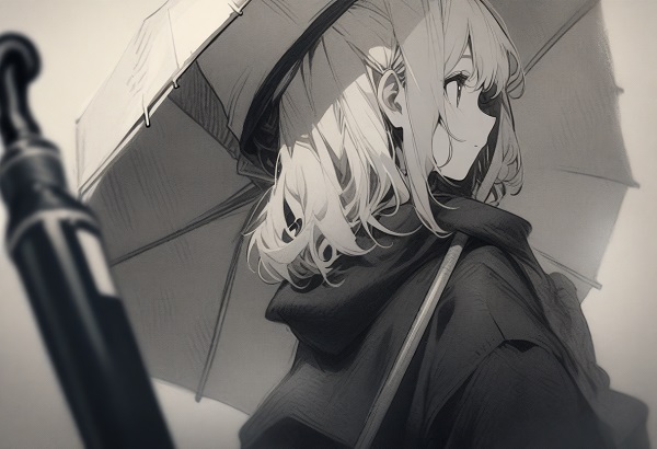 Anime girl with an umbrella, charcoal drawing, high detail, hand drawn style