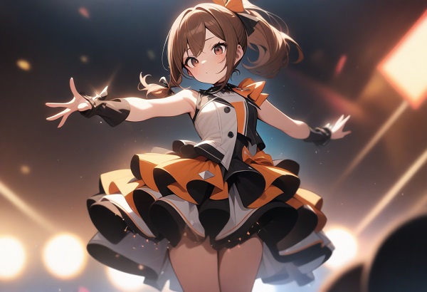 She is a cute girl with expressive big brown eyes and brown hair tied in a ponytail. standing. Flashy idol-style costume.