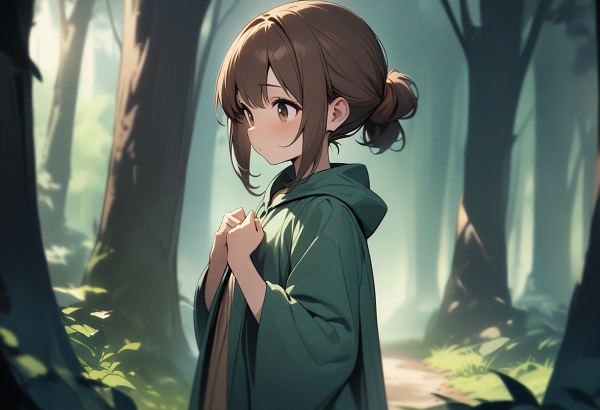 She is a cute girl with expressive big brown eyes and brown hair tied in a ponytail. standing. Robe of a wizard living in a quiet forest.