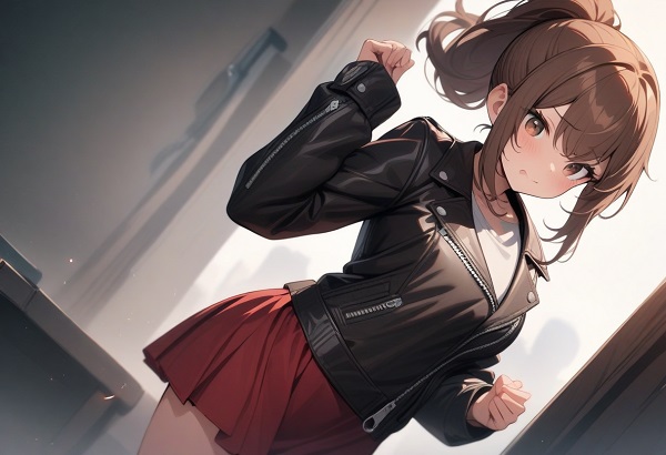 She is a cute girl with expressive big brown eyes and brown hair tied in a ponytail. standing. Black leather jacket and red skirt.