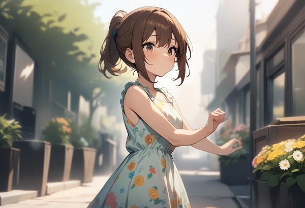 She is a cute girl with expressive big brown eyes and brown hair tied in a ponytail. standing. Spring floral dress.