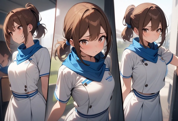 She is a cute girl with expressive big brown eyes and brown hair tied in a ponytail. standing. The white uniforms and blue bandanas express the team spirit.