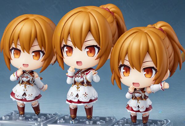 She is a cute anime girl with expressive big brown eyes and brown hair tied into a ponytail. Nendoroid. Chibi character.