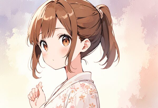 She is a cute anime girl with expressive big brown eyes and brown hair tied in a ponytail. Delicate floral patterns, watercolor style