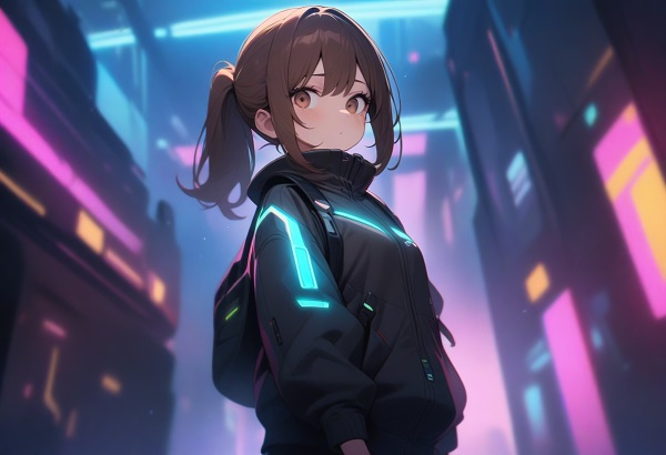 She is a cute girl with expressive big brown eyes and brown hair tied in a ponytail. standing. Futuristic cyberpunk clothing.