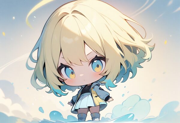 A chibi character with light blue and pastel yellow colors