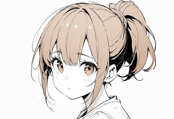 She is a cute girl with expressive big brown eyes and brown hair tied in a ponytail.Monochrome sketch.Minimalist portrait, 