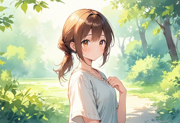 She is a cute anime girl with expressive big brown eyes and brown hair tied in a ponytail. Nature scene, soft brushstrokes, watercolor effect