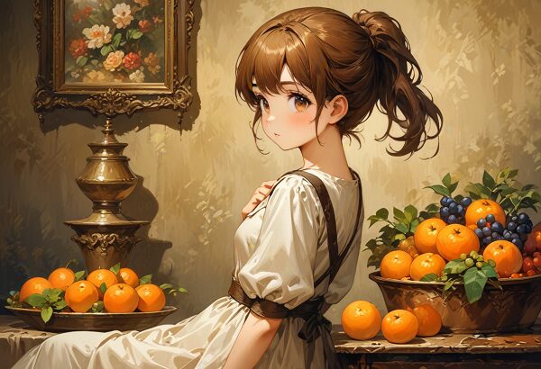 She is a cute anime girl with expressive big brown eyes and brown hair tied in a ponytail. Still life, fruits in oil painting style